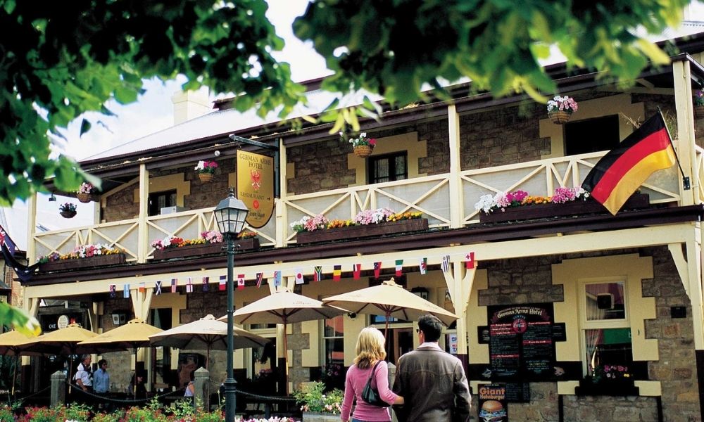 couple walk into German pub at Hahndorf