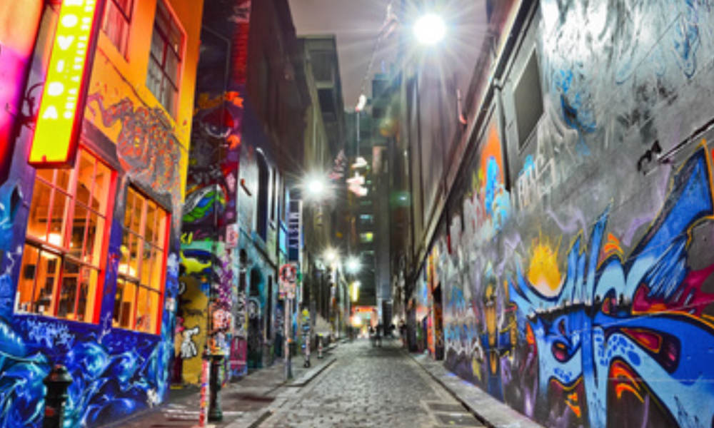 Cobbled laneway with graffiti